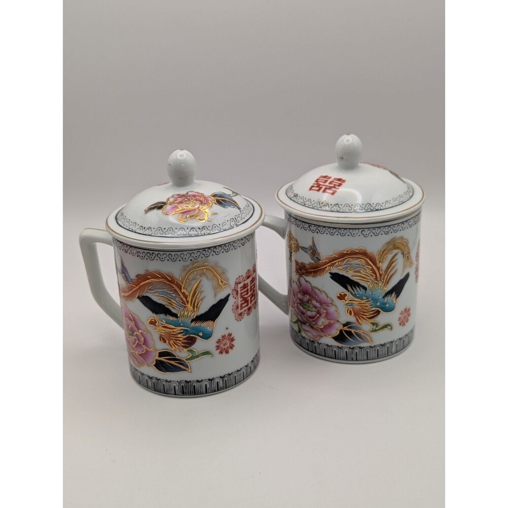 Vintage Pier 1 Chinese Porcelain Tea Mugs Lidded Pair Double Happiness Phoenix